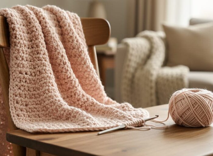Beginner-friendly crochet shawl draped on a wooden chair with yarn skeins and a crochet hook nearby in a cozy room setting.