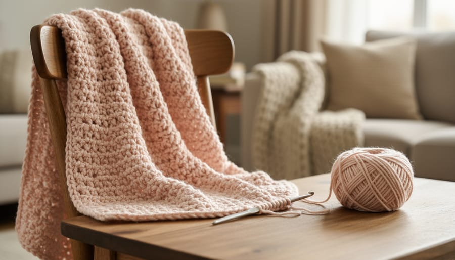Beginner-friendly crochet shawl draped on a wooden chair with yarn skeins and a crochet hook nearby in a cozy room setting.