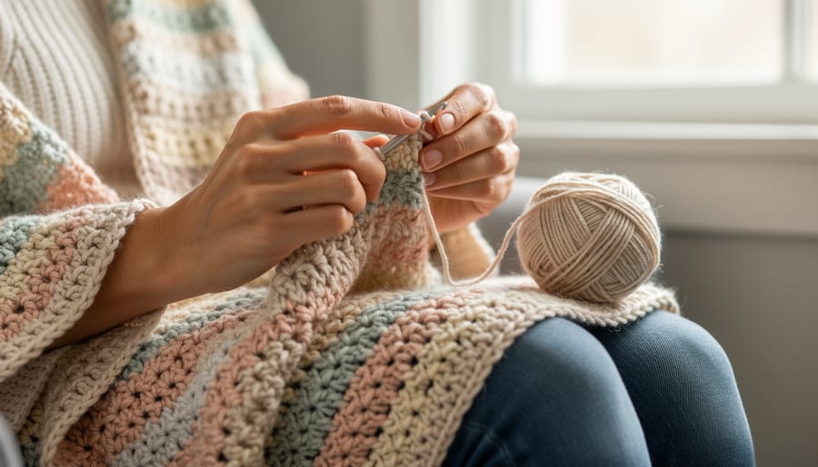 Overhead view of hands crocheting a prayer shawl with a soft neutral yarn palette