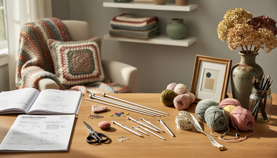 Person’s crochet workspace with hooks and yarn beside a tablet showing a pattern page (no readable text).