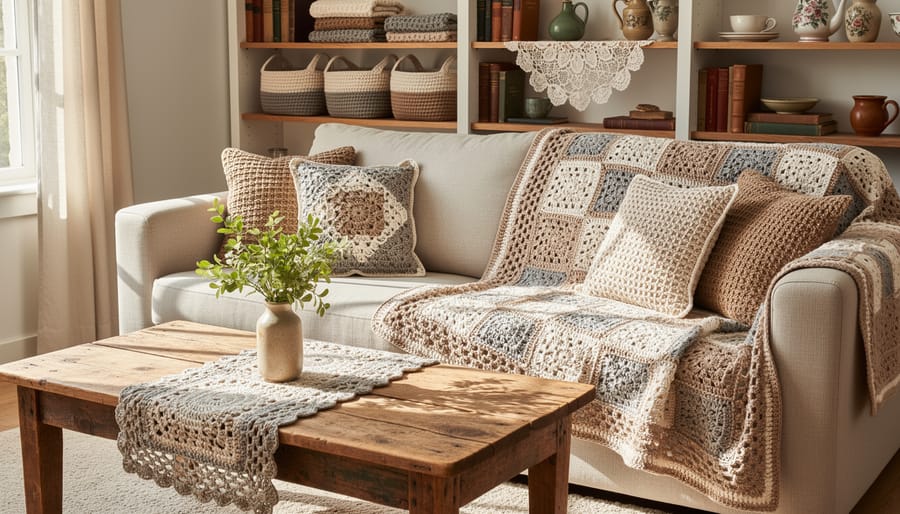 Crocheted pillow cover, wall-hanging, and coasters displayed on a living room couch and coffee table.