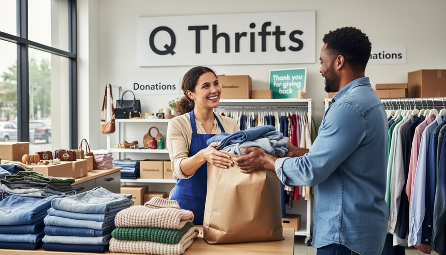 Volunteer receiving a bundled clothing donation at a thrift donation center