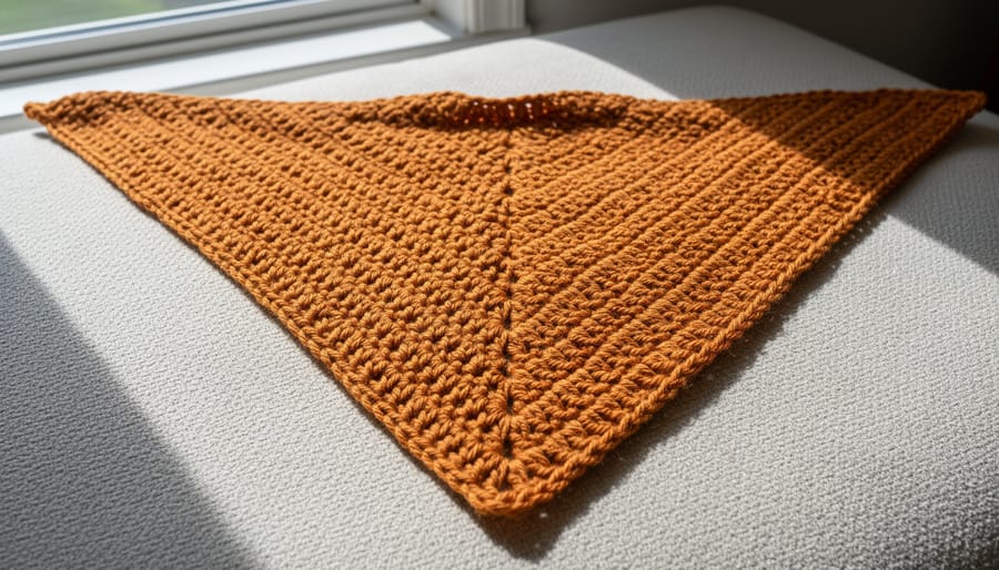 Triangle shawl made with half double crochet laid out with textured stitch detail