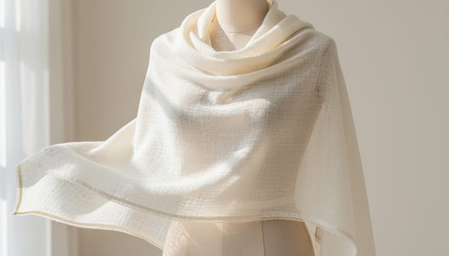 Lightweight cotton summer shawl draped over an outdoor chair with airy openwork texture