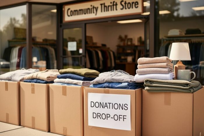 Donation drop-off bins at Q Thrifts filled with neatly folded clothing in a community thrift store entrance area.