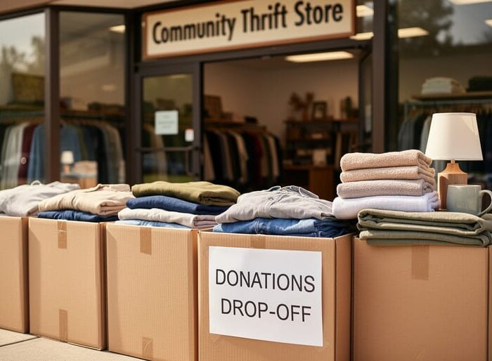 Donation drop-off bins at Q Thrifts filled with neatly folded clothing in a community thrift store entrance area.