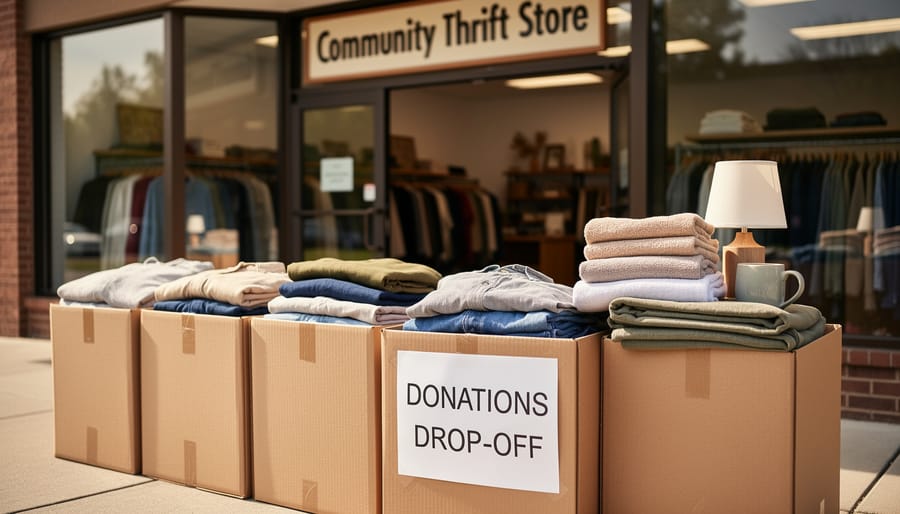 Donation drop-off bins at Q Thrifts filled with neatly folded clothing in a community thrift store entrance area.