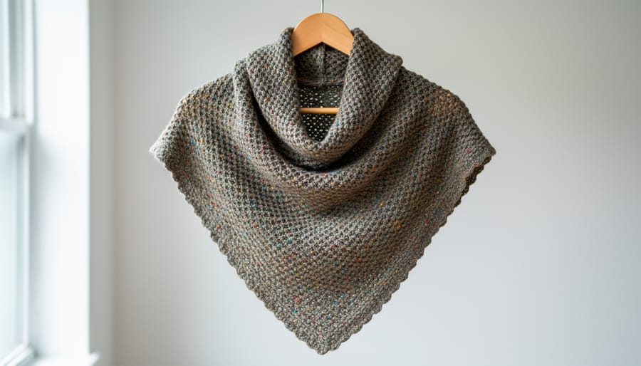 Triangular Rivers shawl crocheted with multicolor tweed yarn draped over a chair with yarn and a hook nearby