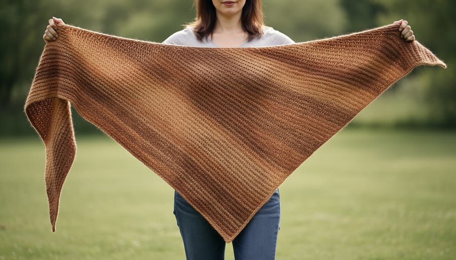 Person wearing an asymmetrical triangle shawl crocheted sideways with diagonal drape