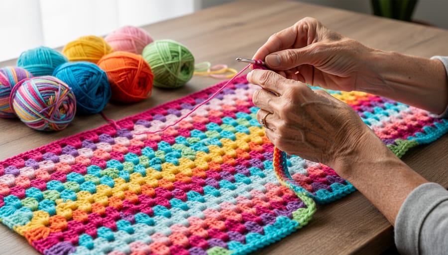 Granny stripe crochet shawl with colorful repeating bands photographed at an angle