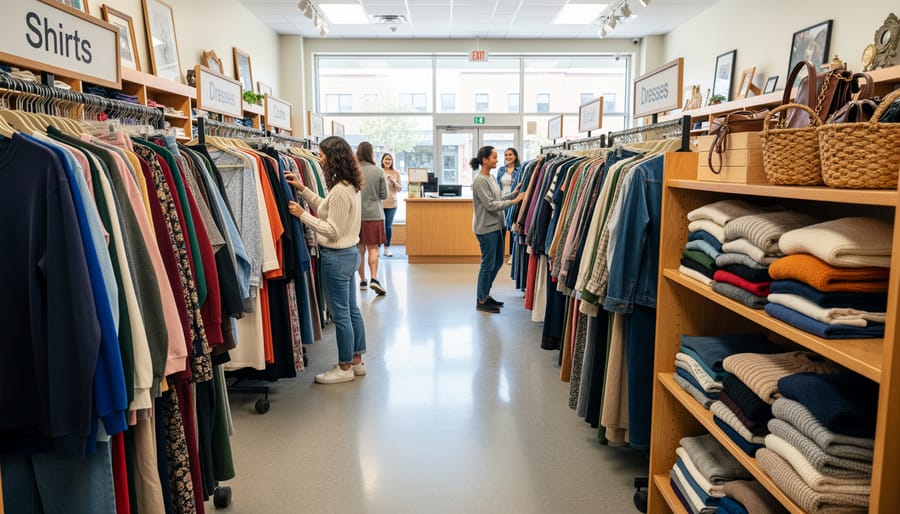 Shoppers browsing neatly arranged stacks of donated clothing in a thrift store
