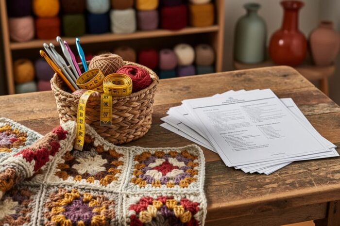 Thrifted crochet supplies and a half-finished granny-square blanket on a reclaimed wood table with yarn skeins and tools in a softly lit craft room.