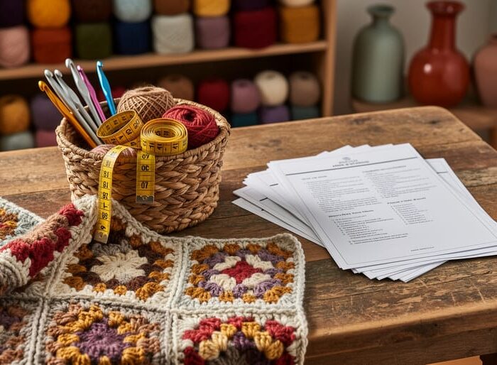Thrifted crochet supplies and a half-finished granny-square blanket on a reclaimed wood table with yarn skeins and tools in a softly lit craft room.