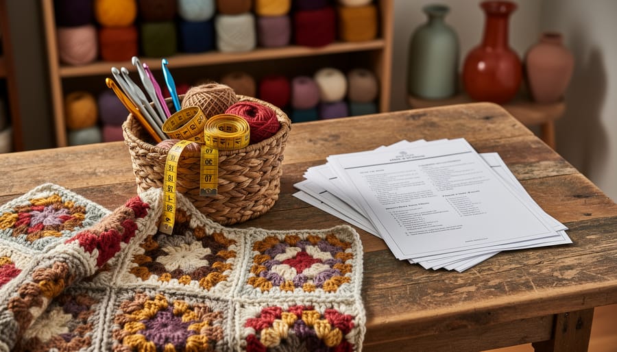 Thrifted crochet supplies and a half-finished granny-square blanket on a reclaimed wood table with yarn skeins and tools in a softly lit craft room.