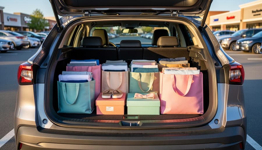 Open car trunk with reusable bags packed with thrift items ready to take home