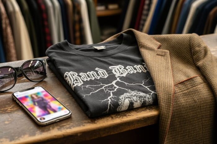 Celebrity-inspired thrift outfit with a band graphic tee and tailored blazer on a vintage store counter, alongside sunglasses and a smartphone with a blurred fashion post.