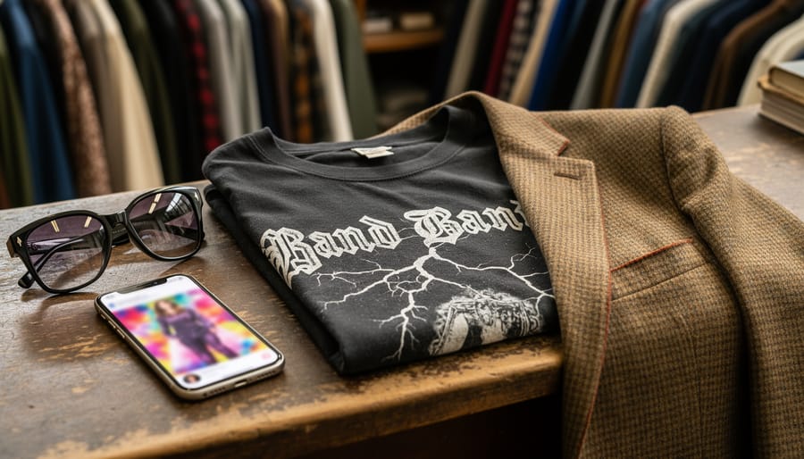 Celebrity-inspired thrift outfit with a band graphic tee and tailored blazer on a vintage store counter, alongside sunglasses and a smartphone with a blurred fashion post.