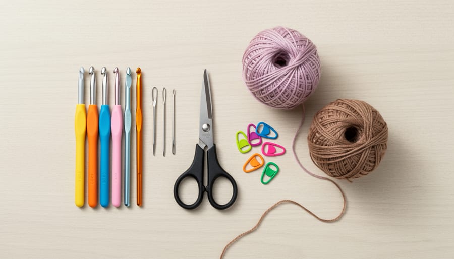Crochet tools including hooks, yarn needle, scissors, and stitch markers arranged on a table with yarn