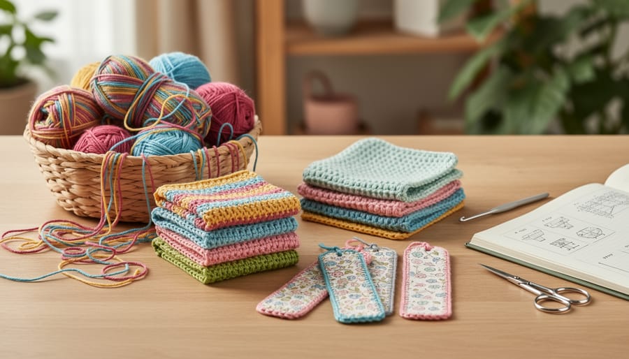 Beginner crochet accessories including a washcloth, coasters, and a bookmark made with thrifted yarn