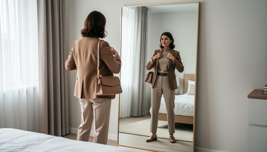 Person wearing a coordinated thrift ensemble while checking the outfit in a full-length mirror