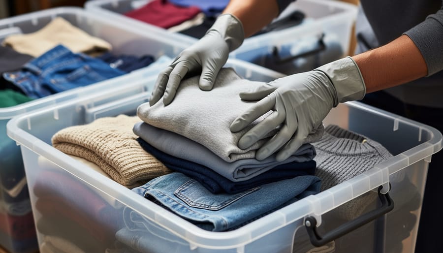 Gloved hands sorting and inspecting folded clothing inside a thrift outlet bin