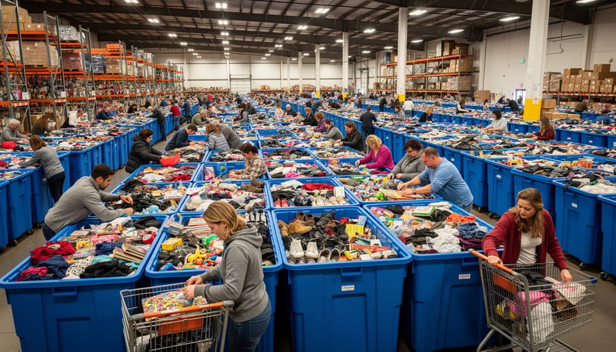 Wide view of a Goodwill outlet bin aisle with mixed clothing and household items
