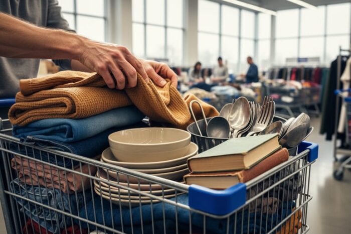 Shopper’s hands rummaging through mixed donated items in a rolling cart at a Goodwill Outlet, with other carts and shoppers blurred in the background.