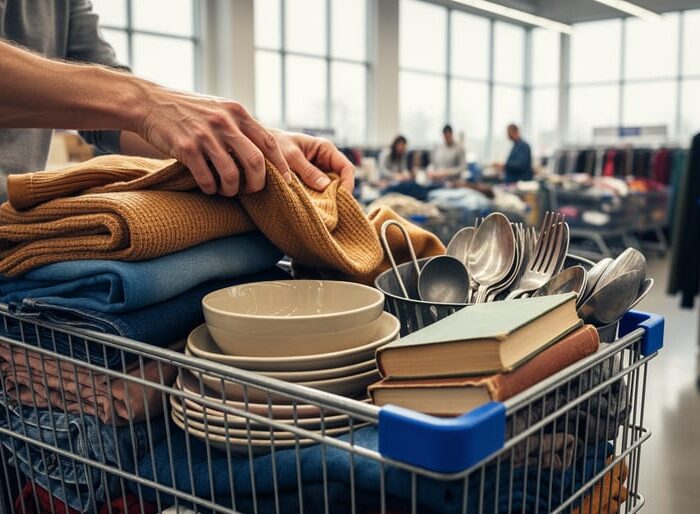 Shopper’s hands rummaging through mixed donated items in a rolling cart at a Goodwill Outlet, with other carts and shoppers blurred in the background.