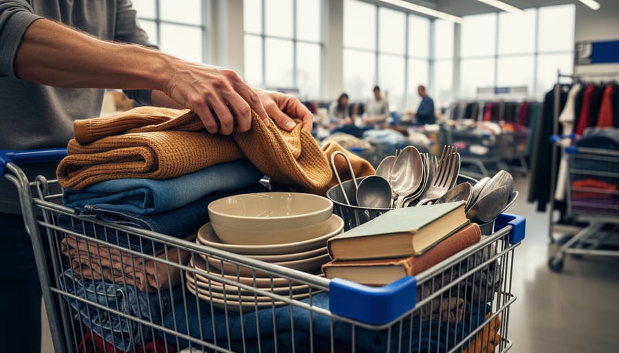 Shopper’s hands rummaging through mixed donated items in a rolling cart at a Goodwill Outlet, with other carts and shoppers blurred in the background.