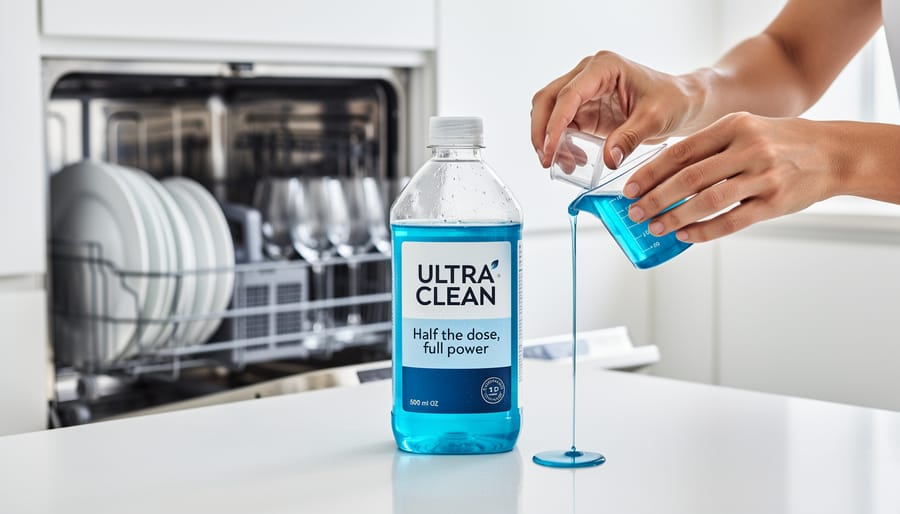 Close-up of a person measuring a half dose of dishwasher detergent in the detergent cup