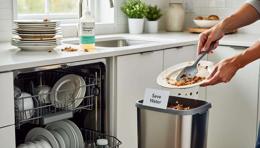 Food scraps being scraped into a compost bin with an open dishwasher door in the background