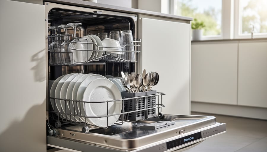 Neatly loaded dishwasher racks with plates, bowls, and glasses arranged for efficient cleaning