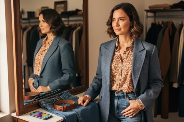 Woman styling thrift-store clothing pieces—blazer, patterned blouse, and denim—laid out beside a full-length mirror in a fitting room with soft daylight.