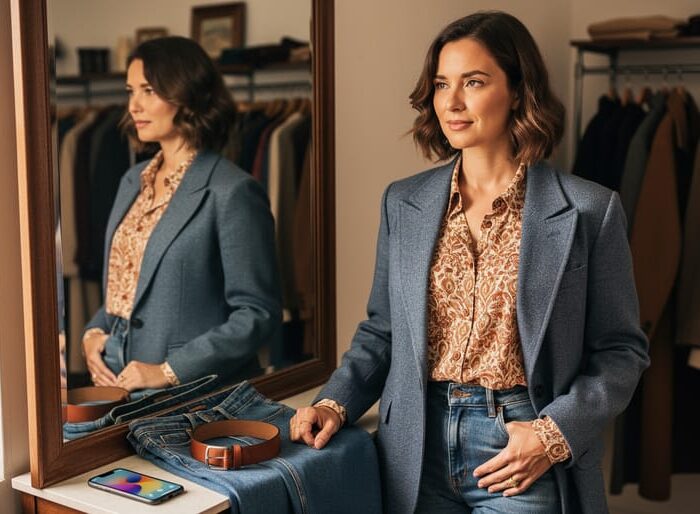 Woman styling thrift-store clothing pieces—blazer, patterned blouse, and denim—laid out beside a full-length mirror in a fitting room with soft daylight.