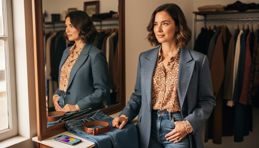 Woman styling thrift-store clothing pieces—blazer, patterned blouse, and denim—laid out beside a full-length mirror in a fitting room with soft daylight.