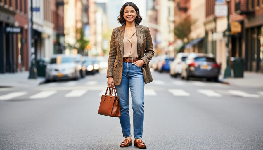 Mannequin styled in a cohesive thrift store ensemble with jacket, blouse, trousers, belt, and vintage shoes