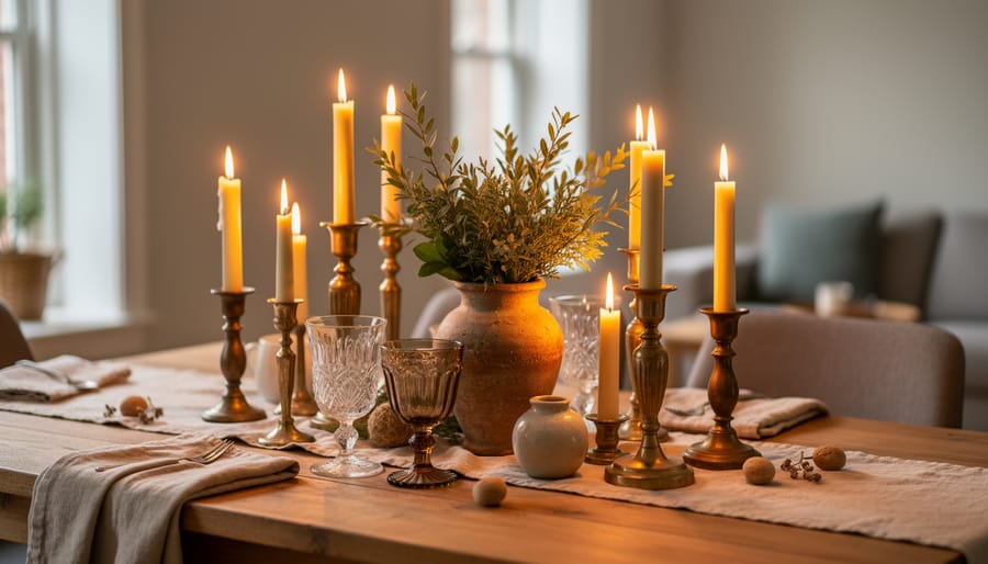 Dining table styled with thrift-store candlesticks in mixed metal and ceramic finishes