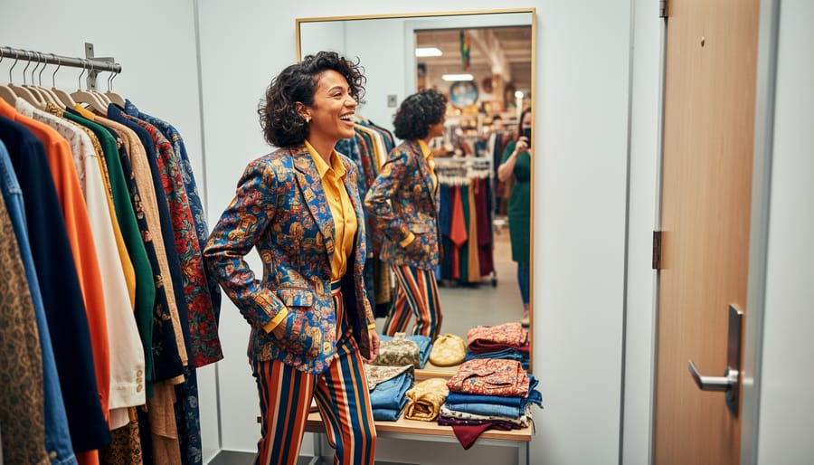 Person holding a vintage handbag while trying on clothes in a thrift store fitting area