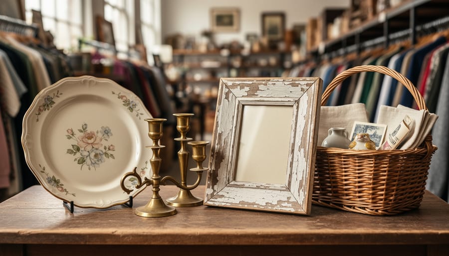 Curated vintage thrift store decor on a tabletop, including a brass candlestick set, a hand-painted ceramic platter, a distressed wooden picture frame, and a wicker basket.