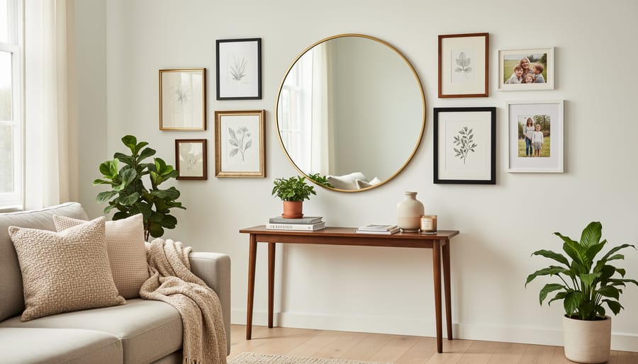Living room vignette with a mismatched gallery wall of vintage picture frames and a large vintage mirror