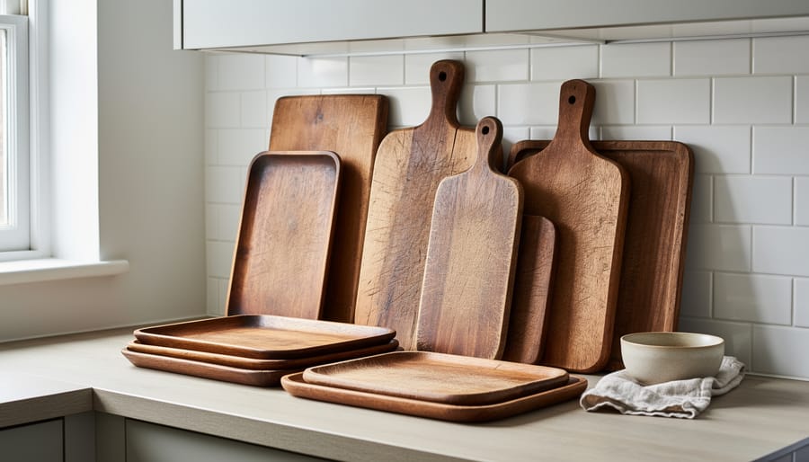Overhead view of thrifted wooden cutting boards and serving trays on a kitchen countertop