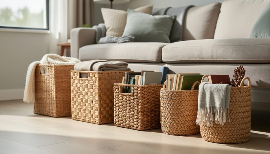 Woven baskets arranged for thrift-store inspired storage in a bright entryway