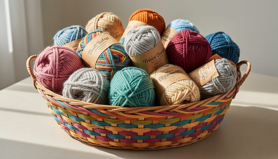 Thrift store clearance yarn basket filled with multiple skeins in different weights and colors