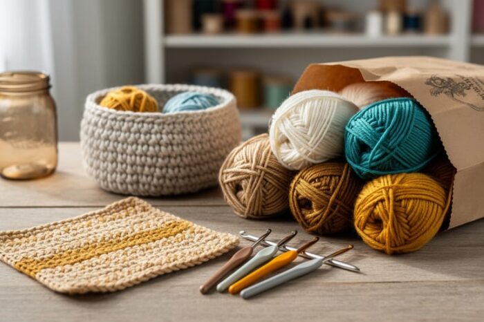 Crocheted dishcloth and basket-in-progress with a crochet hook, yarn skeins from a thrift bag, and a cozy craft table background under soft daylight.