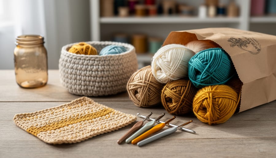 Crocheted dishcloth and basket-in-progress with a crochet hook, yarn skeins from a thrift bag, and a cozy craft table background under soft daylight.