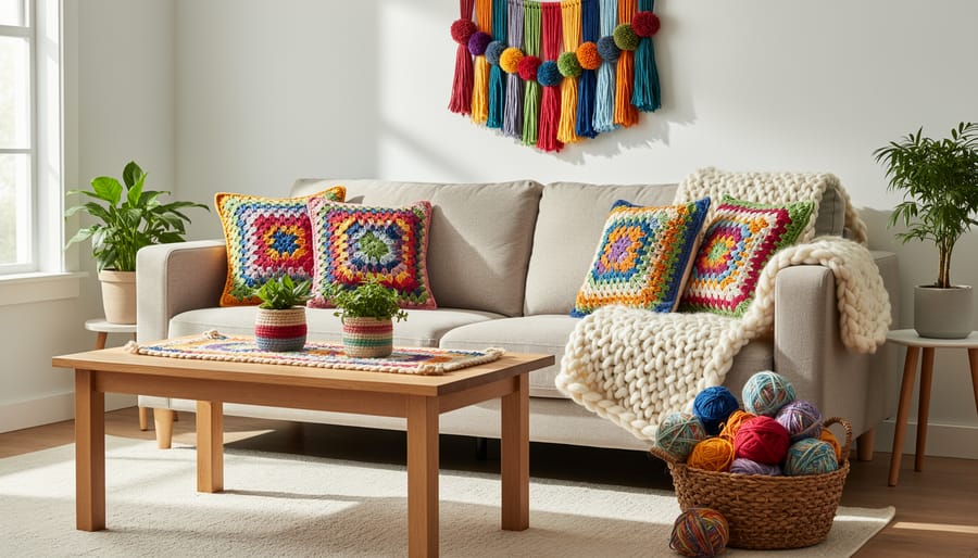 Crocheted plant hanger and wall hanging displayed near a window with a potted plant and soft home decor