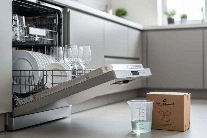 Sparkling clean glassware inside an open stainless-steel dishwasher with a detergent measure cup nearby on a bright kitchen floor