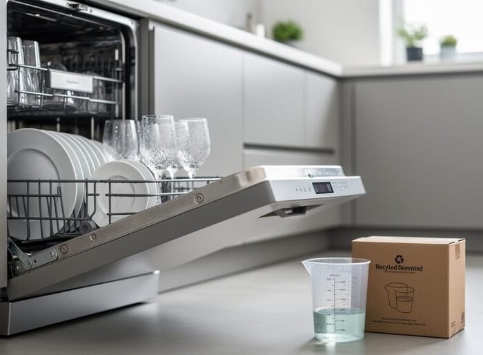 Sparkling clean glassware inside an open stainless-steel dishwasher with a detergent measure cup nearby on a bright kitchen floor