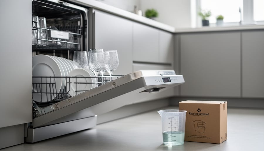 Sparkling clean glassware inside an open stainless-steel dishwasher with a detergent measure cup nearby on a bright kitchen floor